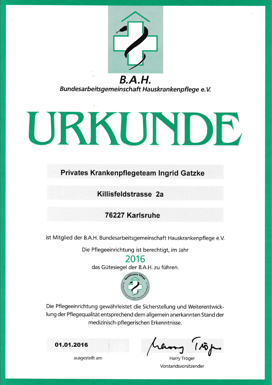 BHA - Zertifikat - Privates Krankenpflegeteam Gatzke